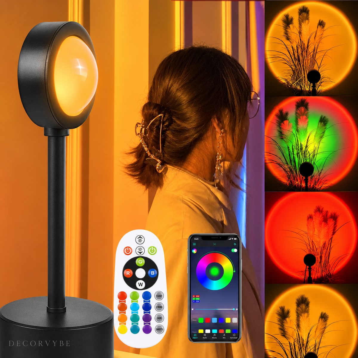 Golden Hour Projector Lamp glowing warm orange in a room